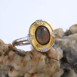 S925 Sterling Silver Open Ring with Natural Opal Inlay